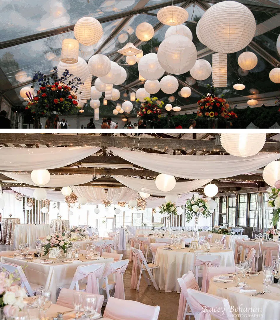 14" White Round Paper Lantern, Crisscross Ribbing, Chinese Hanging Wedding & Party Decoration