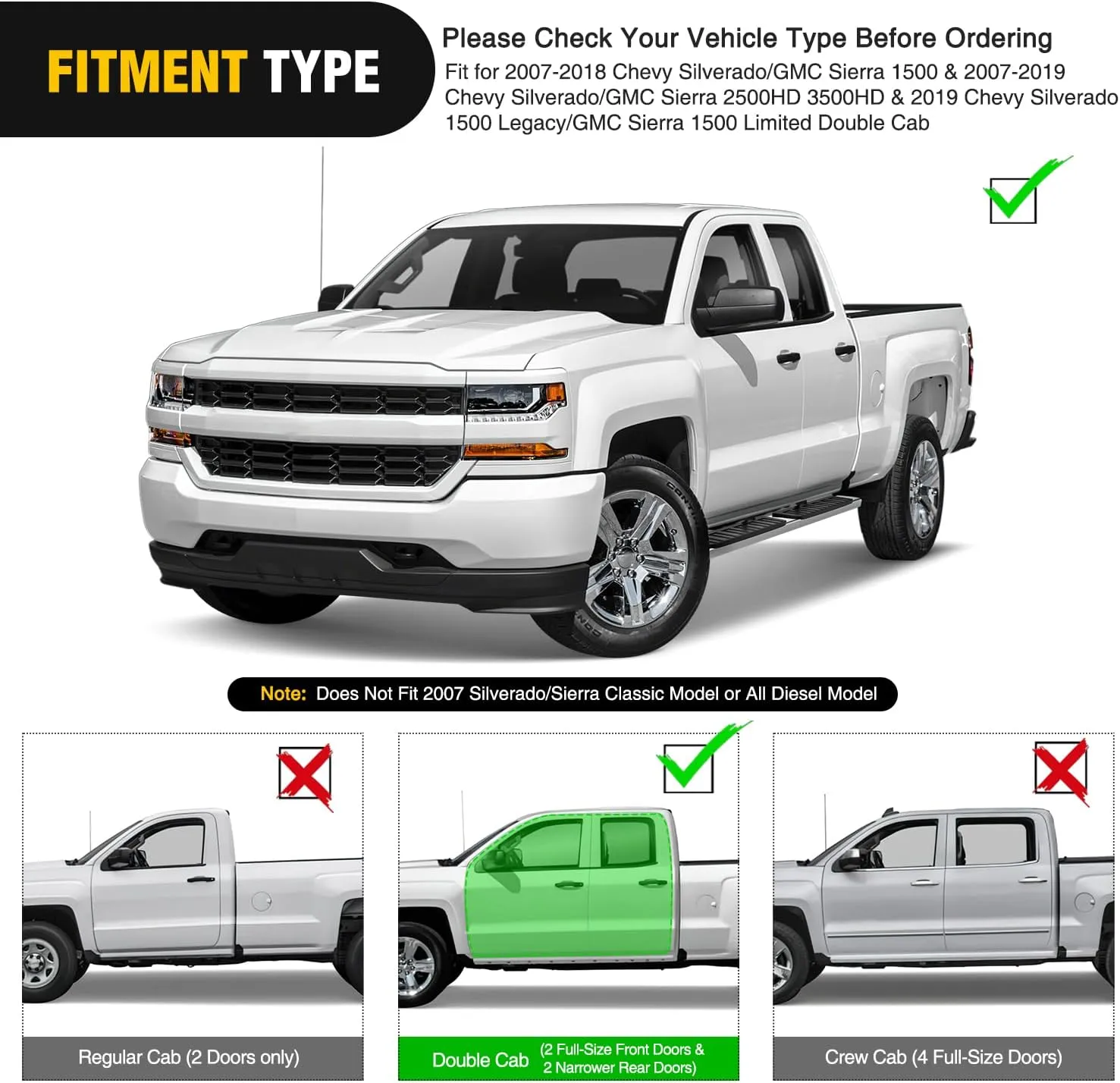 2007-2018 Chevy Silverado/GMC Sierra 1500 Double Extended Cab 2007-2019 Chevy Silverado/GMC Sierra 2500HD 3500HD 6 Inch Stainless Steel Side Step Nerf Bars Running Boards