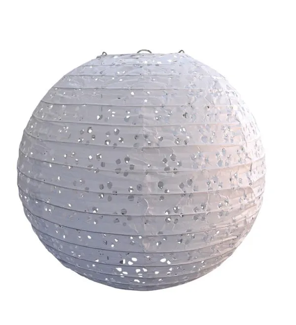 6/8/10" White Eyelet Lace Look Round Paper Lanterns, Even Ribbing (3-Pack Cluster)
