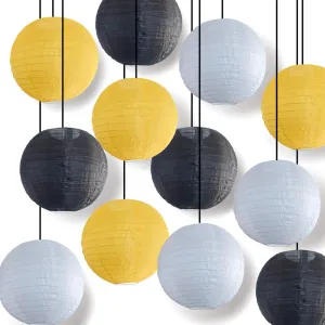 Black, White and Gold Yellow Celebration Party Parallel Ribbing Ribbed Nylon Lantern Combo Set (12 pc Set)