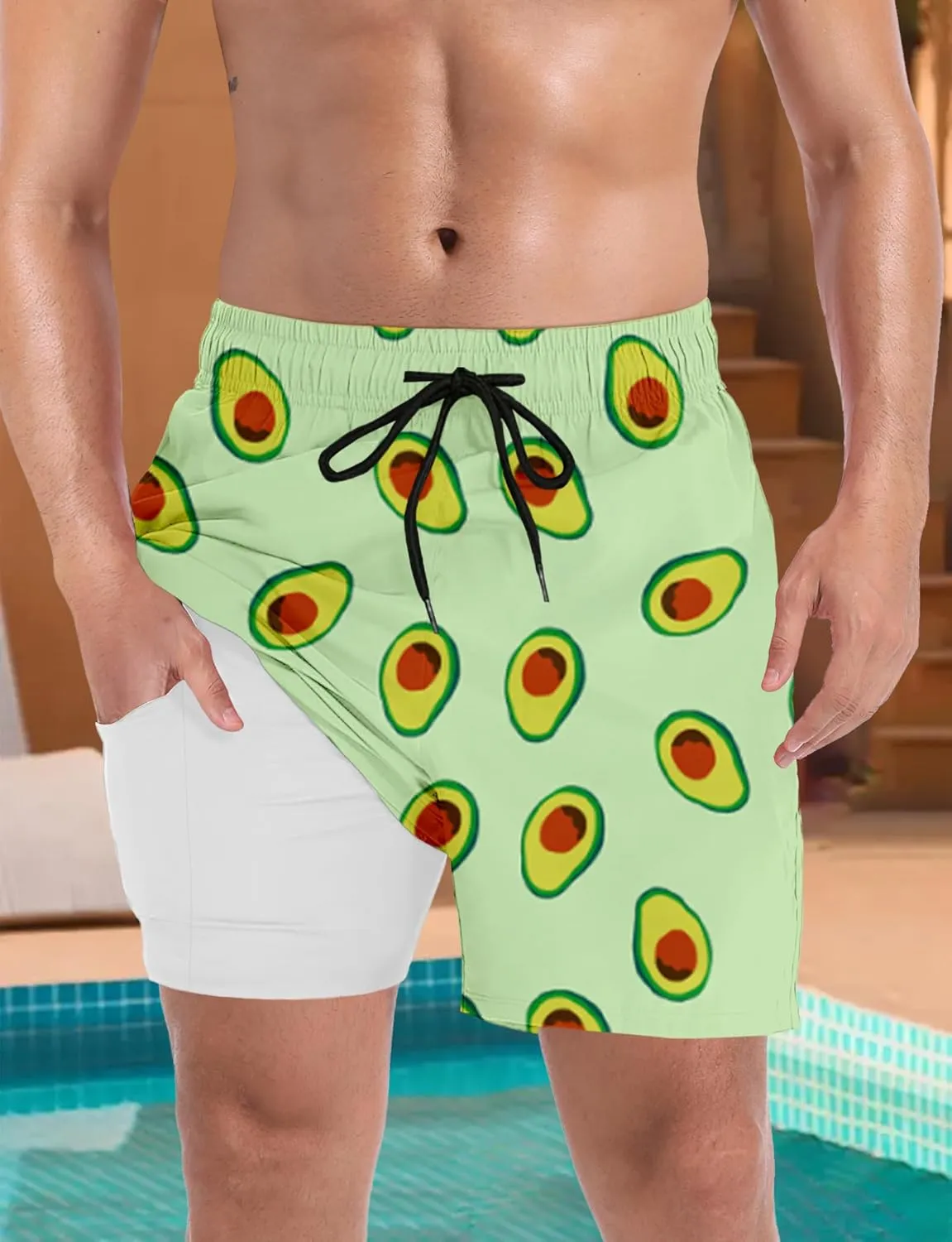 Buauty Mens Swim Trunks with Compression Liner 5 Inch Inseam Quick Dry Swim Shorts Mens Swimsuit Board Shorts with Pockets