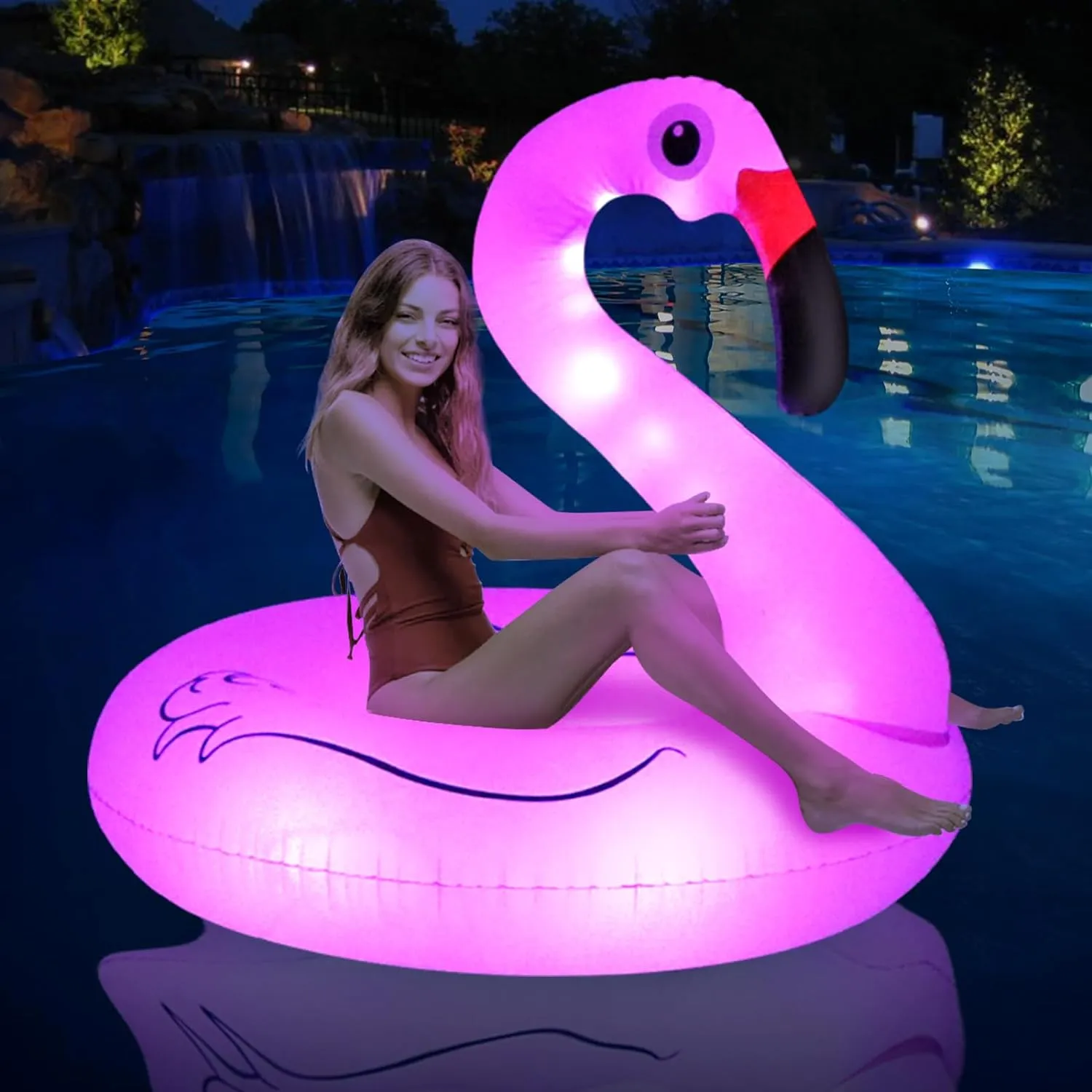 Inflatable Flamingo Pool Floats with Lights, FlyfreeU Solar Powered Flamingo Swim Tube Rings, 42'' Lake Beach Floaties Swimming Rings Summer Pool Raft Lounger for Adults Water Party Supplies.
