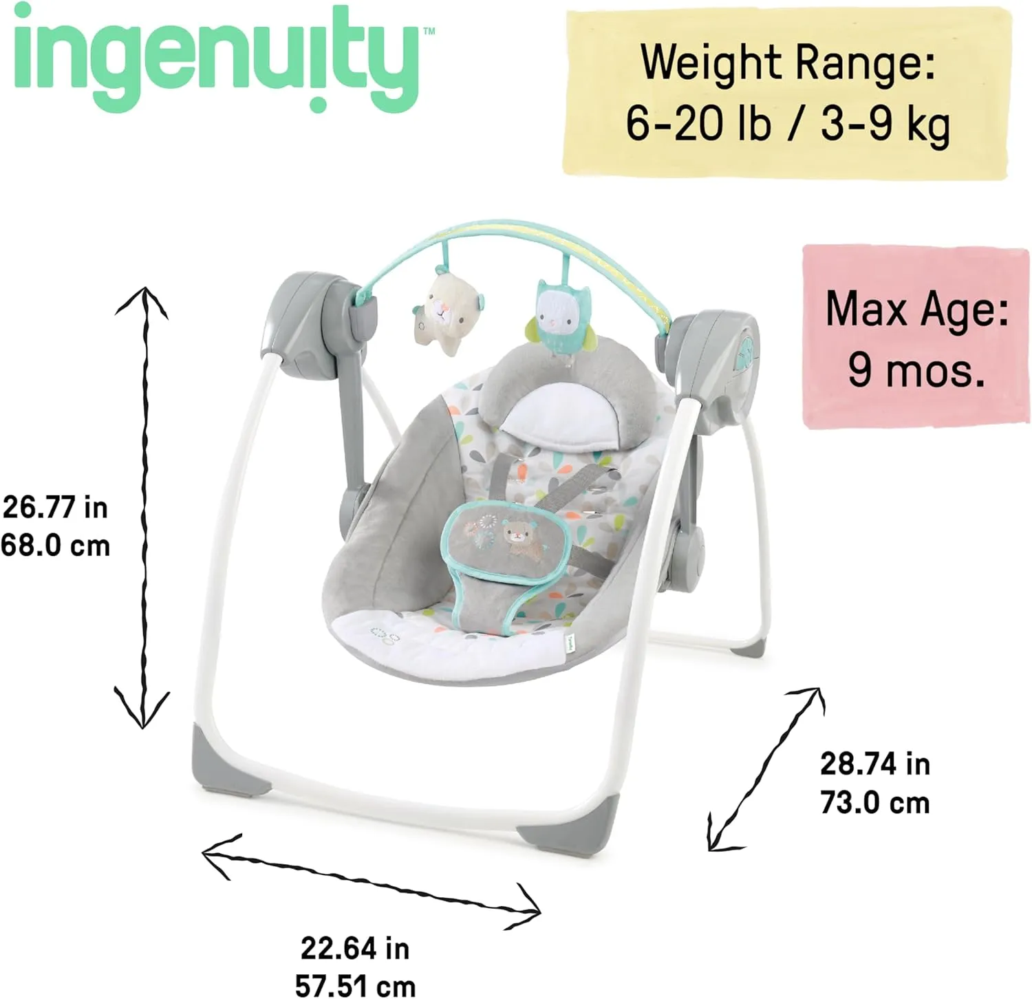 Ingenuity Comfort 2 Go Compact Portable 6-Speed Cushioned Baby Swing with Music, Folds Easy, 0-9 Months 6-20 lbs (Fanciful Forest)