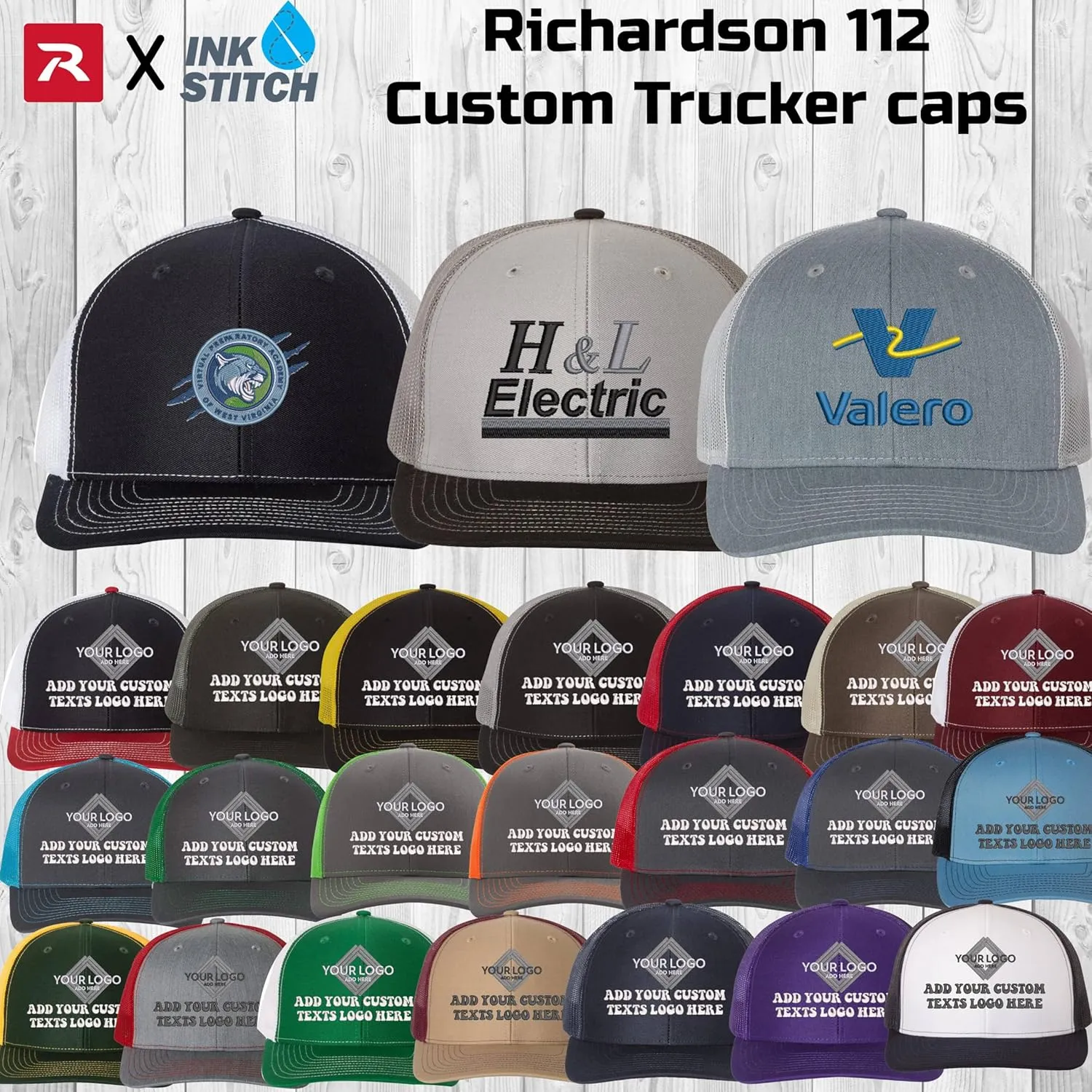 INK STITCH Richardson 112 Custom Embroidery Add Logo Texts Trucker Caps