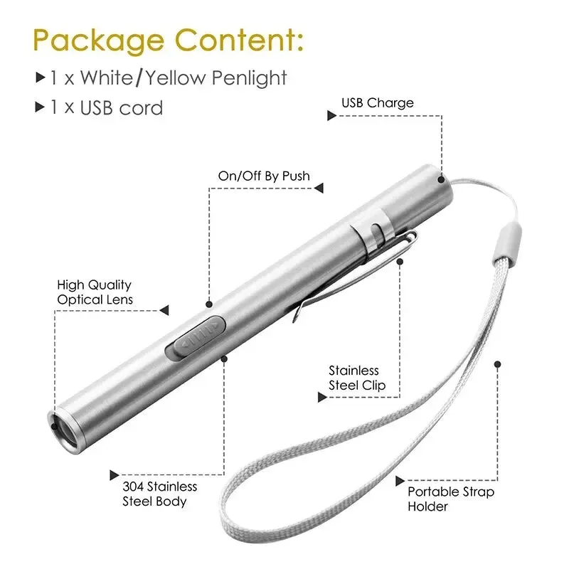Mini Portable Medical Handy LED Pen Light Flashlight USB Rechargeable Dentist Nurse Torch with Stainless Steel Clip