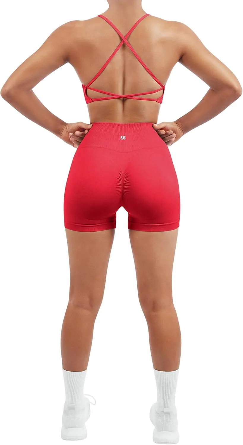 SUUKSESS Women Seamless Workout Sets Strappy Sports Bra High Waist Booty Shorts Outfits