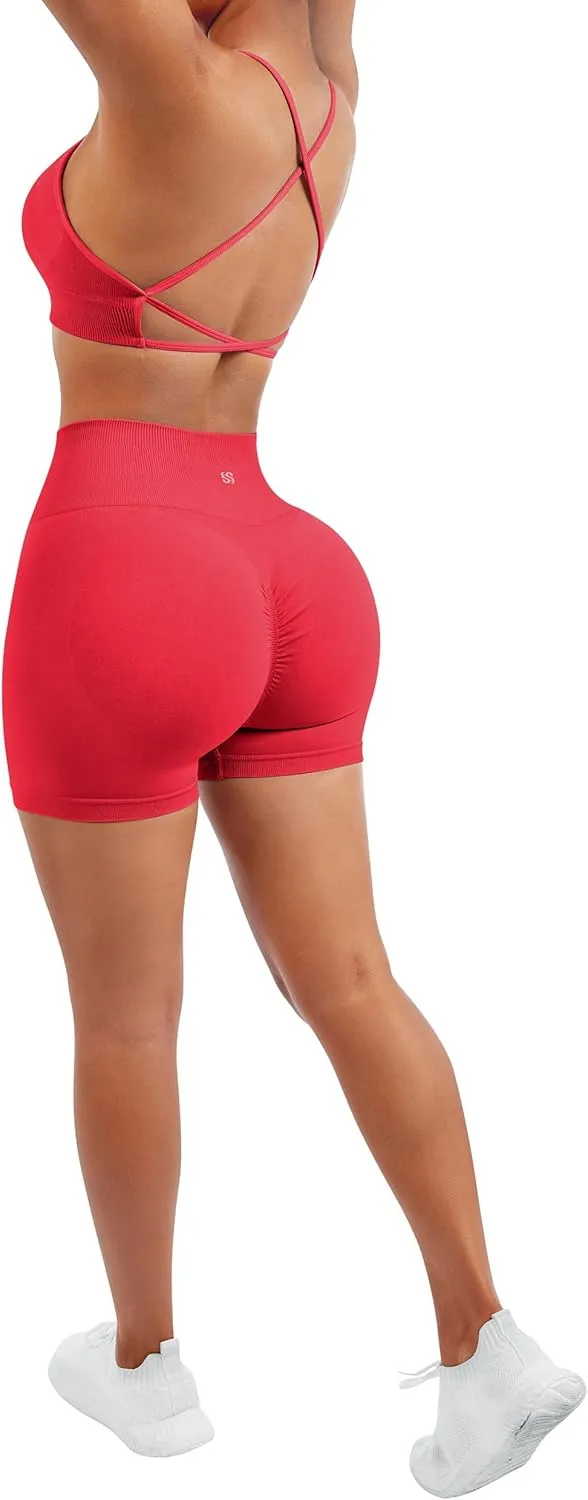 SUUKSESS Women Seamless Workout Sets Strappy Sports Bra High Waist Booty Shorts Outfits