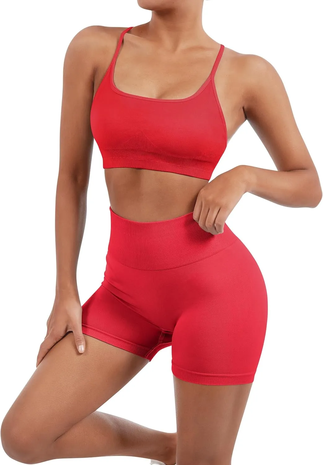 SUUKSESS Women Seamless Workout Sets Strappy Sports Bra High Waist Booty Shorts Outfits
