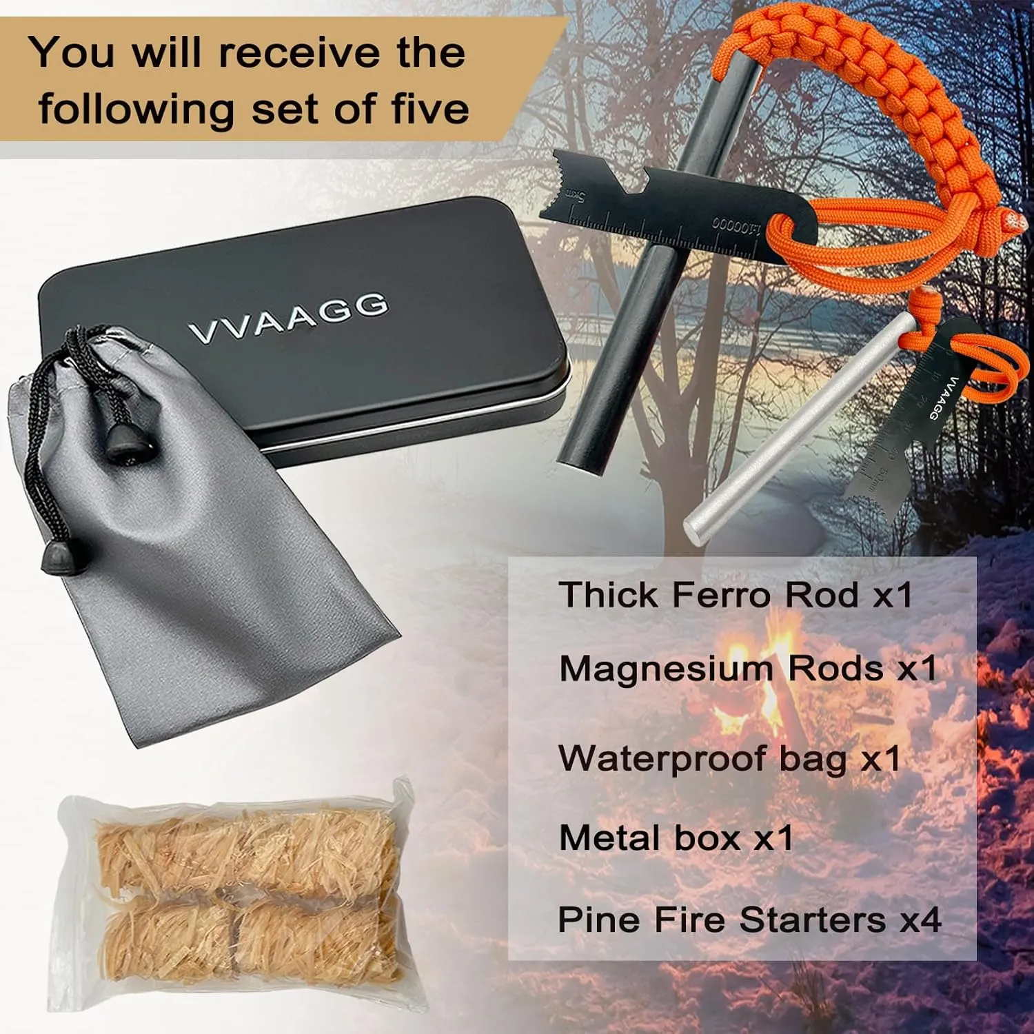VVAAGG Flint and Steel Fire Starter Kit Survivor, 3/8" 1/2 inch Ferro Rods and Magnesium Rods with Paracord Handle